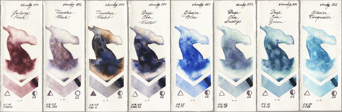 Shminke Horadam Aquarell 971 Galaxy Pink, 982 Tundra Pink, 983 Tundra Violet, 951 Deep Sea Violet, 961 Glacier Blue, 952 Deep Sea Indigo, 954 Deep Sea Green, 962 Glacier Turquoi watercolor swatch