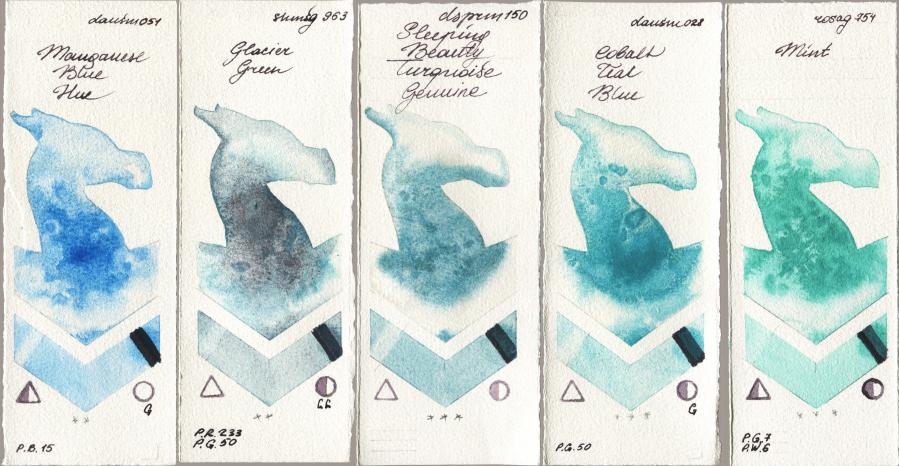 Daniel Smith 051 Manganese Blue Hue vs Shminke Horadam Aquarell 963 Glacier Green vs 150 Sleeping Beauty Turquoise Genuine vs 028 Cobalt Teal Blue vs Rosa Gallery 754 Mint watercolor swatch