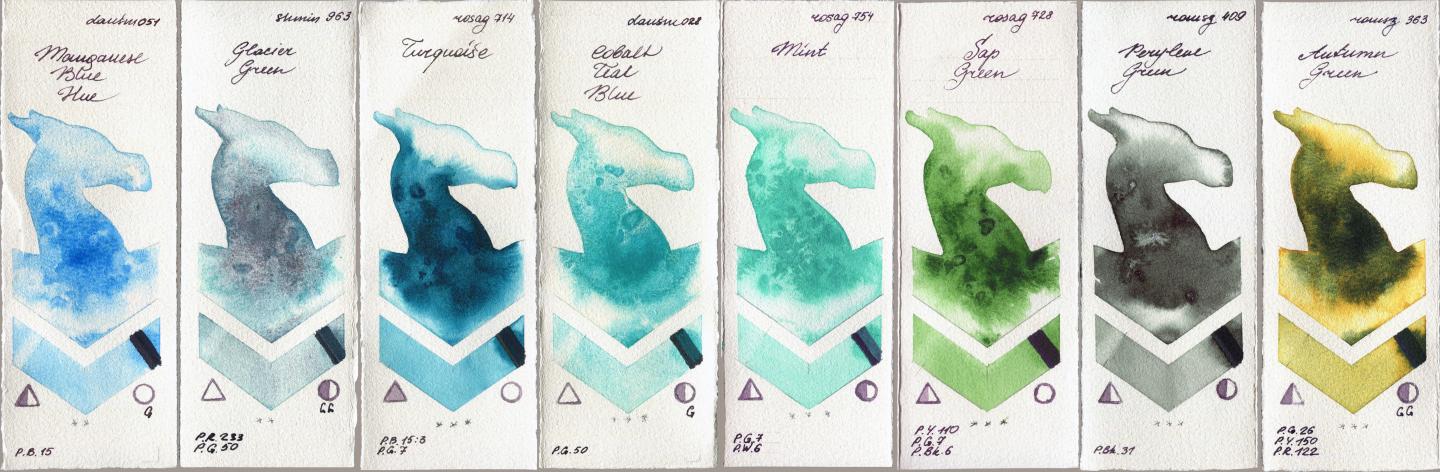 Daniel Smith 051 Manganese Blue Hue vs Shminke Horadam Aquarell 963 Glacier Green vs Rosa Gallery 714 Turquiose vs 028 Cobalt Teal Blue vs 754 Mint vs 728 Sap Green vs Roman Szmal Aquarius 409 Perylene Green vs 363 Autumn Green watercolor swatch