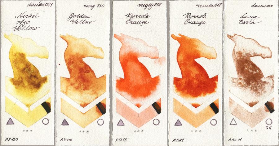 Daniel Smith 061 Nickel Azo Yellow vs Rosa Gallery 730 Golden Yellow vs Royal Talens Van Gogh Watercolour 278 Pyrrole Orange vs Royal Talens Rembrandt Watercolour 278 Pyrrole Orange vs 050 Lunar Earth watercolor swatch