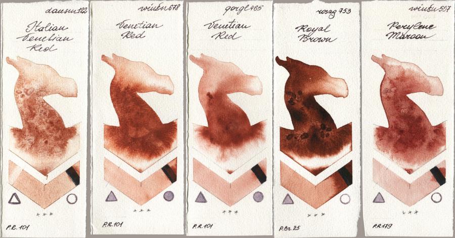 Daniel Smith 122 Italian Venetian Red vs Winsor & Newton Professional 678 Venetian Red vs Golden QOR 465 Venetian Red vs Rosa Gallery 753 Royal Brown vs 507 Perylene Maroon watercolor swatch