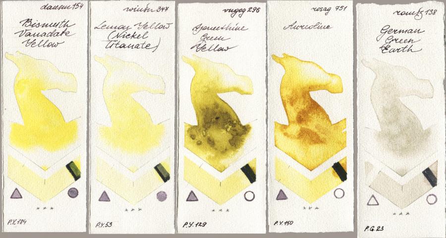 Daniel Smith 154 Bismuth Vanadate Yellow vs Winsor & Newton Professional 347 Lemon Yellow (Nickel Titanate) vs Royal Talens Van Gogh Watercolour 296 Azomethine Green Yellow vs Rosa Gallery 751 Aureoline vs Roman Szmal Aquarius 138 German Green Earth watercolor swatch
