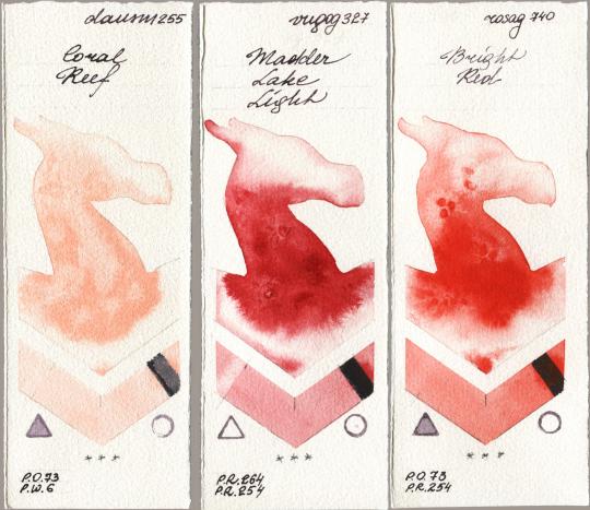 Daniel Smith 255 Coral Reef vs Royal Talens Van Gogh Watercolour 327 Madder Lake Light vs Rosa Gallery 740 Bright Red watercolor swatch