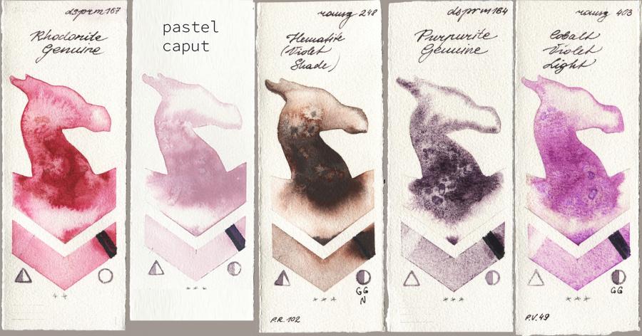 Daniel Smith 167 Rhodonite Genuine vs my 035 pastel caput vs Roman Szmal Aquarius 248 Hematite (Violet Shade) vs 164 Purpurite Genuine vs 403 Cobalt Violet Light watercolor swatch