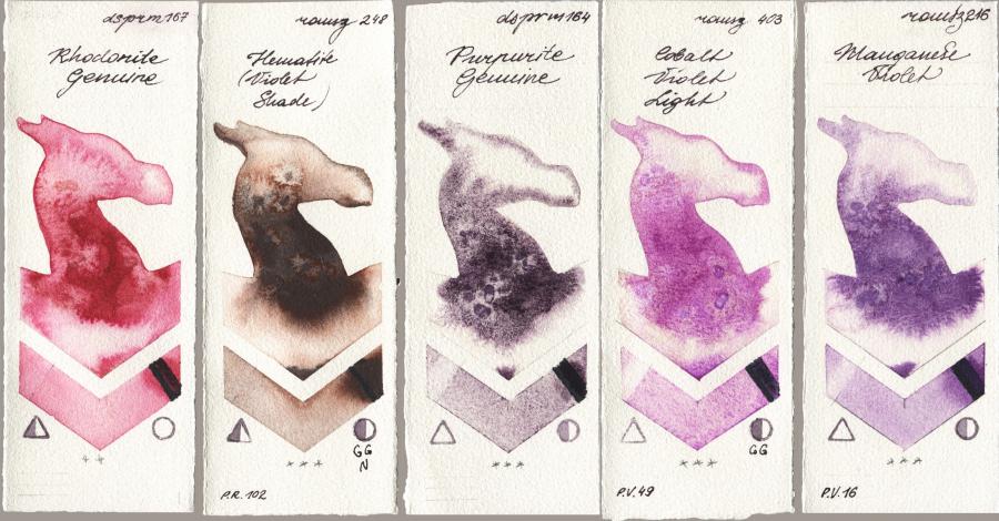 Daniel Smith 167 Rhodonite Genuine vs Roman Szmal Aquarius 248 Hematite (Violet Shade) vs 164 Purpurite Genuine vs 403 Cobalt Violet Light vs 216 Manganese Violet watercolor swatch