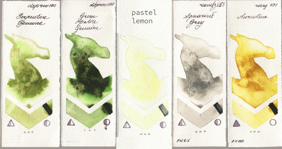 Daniel Smith 190 Serpentine Genuine vs 197 Green Apatite Genuine vs my 023 pastel lemon vs Roman Szmal Aquarius 253 Aquarius Grey vs Rosa Gallery 751 Aureoline watercolor swatch