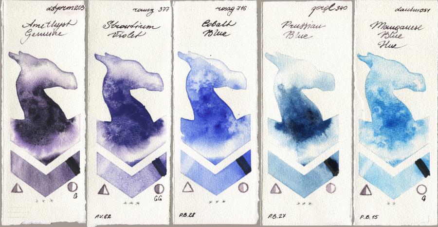 Daniel Smith 203 Amethyst Genuine vs Roman Szmal Aquarius 377 Strontium Violet vs Rosa Gallery 716 Cobalt Blue vs Golden QOR 340 Prussian Blue vs 051 Manganese Blue Hue watercolor swatch