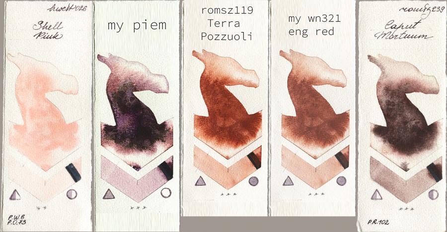 Holbein Artists Watercolor 026 Shell Pink vs my 191 piem vs 119 pozzuoli vs 034 eng red vs Roman Szmal Aquarius 239 Caput Mortuum watercolor swatch