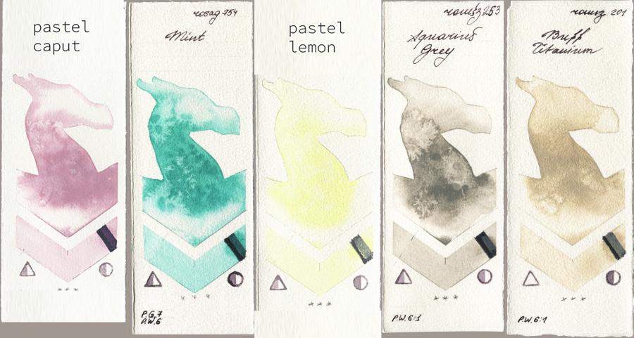 my 035 pastel caput vs Rosa Gallery 754 Mint vs 023 pastel lemon vs Roman Szmal Aquarius 253 Aquarius Grey vs 201 Buff Titanium watercolor swatch