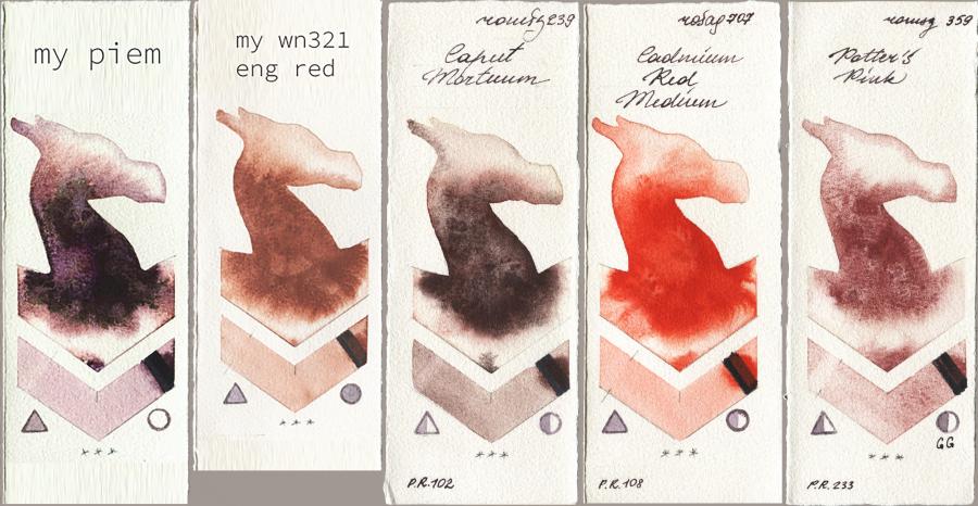 my 191 piem vs 034 eng red vs Roman Szmal Aquarius 239 Caput Mortuum vs Rosa Gallery 707 Cadmium Red Medium vs 359 Potters Pink watercolor swatch