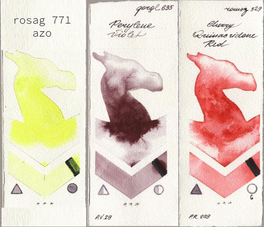 my 771 my rosa azo vs Golden QOR 635 Perylene Violet vs Roman Szmal Aquarius 329 Cherry Quinacridone Red watercolor swatch