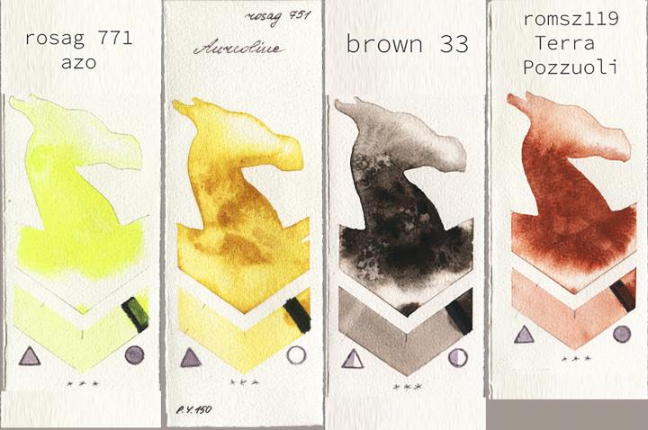 my 771 my rosa azo vs Rosa Gallery 751 Aureoline vs 033 brown33 vs 119 pozzuoli watercolor swatch