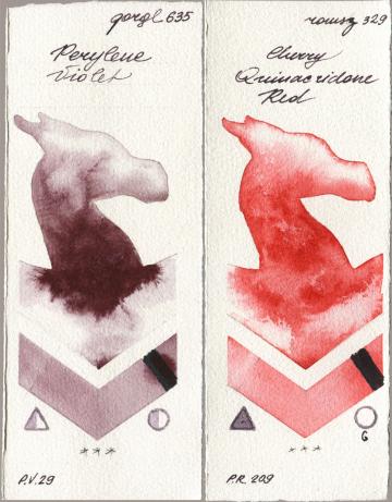 Golden QOR 635 Perylene Violet vs Roman Szmal Aquarius 329 Cherry Quinacridone Red watercolor swatch