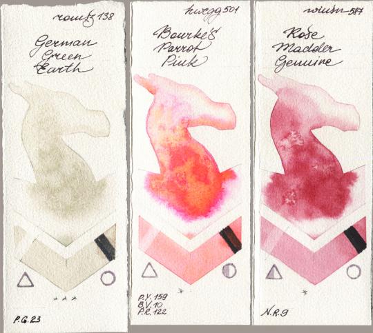 Roman Szmal Aquarius 138 German Green Earth vs Holbein Artists Watercolor 501 Bourkes Parrot Pink vs Winsor & Newton Professional 587 Rose Madder Genuine watercolor swatch