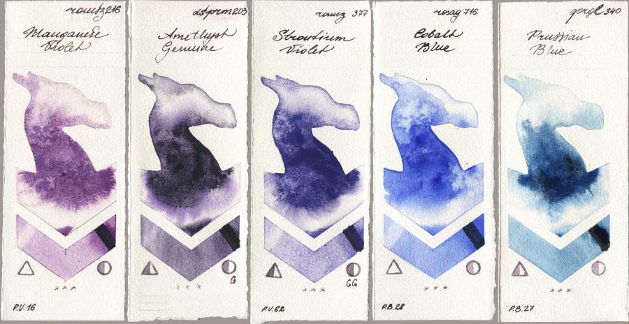Roman Szmal Aquarius 216 Manganese Violet vs Daniel Smith 203 Amethyst Genuine vs 377 Strontium Violet vs Rosa Gallery 716 Cobalt Blue vs Golden QOR 340 Prussian Blue watercolor swatch