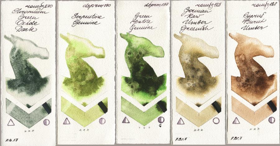 Roman Szmal Aquarius 270 Chromium Green Oxide Dark vs Daniel Smith 190 Serpentine Genuine vs 197 Green Apatite Genuine vs 125 German Raw Umber Greenish vs 128 Cyprus Burnt Umber watercolor swatch
