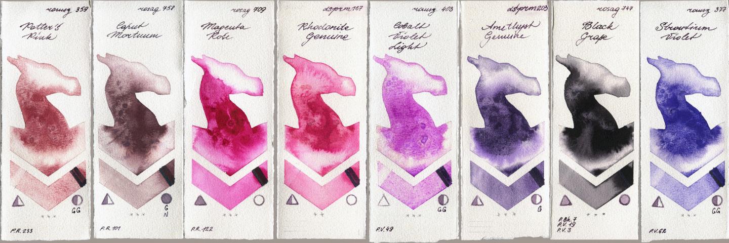 Roman Szmal Aquarius 359 Potters Pink vs Rosa Gallery 758 Caput Mortuum vs 709 Magenta Rose vs Daniel Smith 167 Rhodonite Genuine vs 403 Cobalt Violet Light vs 203 Amethyst Genuine vs 747 Black Grape vs 377 Strontium Violet watercolor swatch