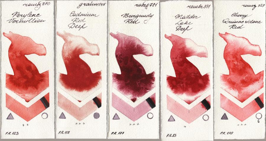 Roman Szmal Aquarius 370 Perylene Vermillion vs M. Graham & Co. Artists 045 Cadmium Red Deep vs Rosa Gallery 781 Burgundy Red vs Royal Talens Rembrandt Watercolour 331 Madder Lake Deep vs 329 Cherry Quinacridone Red watercolor swatch