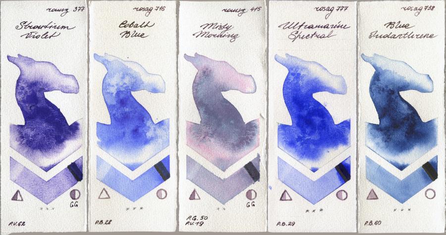 Roman Szmal Aquarius 377 Strontium Violet vs Rosa Gallery 716 Cobalt Blue vs 415 Misty Morning vs 777 Ultramarine Spectral vs 738 Blue Indanthrone watercolor swatch