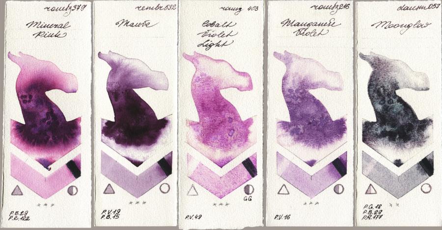 Roman Szmal Aquarius 379 Mineral Pink vs Royal Talens Rembrandt Watercolour 532 Mauve vs 403 Cobalt Violet Light vs 216 Manganese Violet vs Daniel Smith 057 Moonglow watercolor swatch