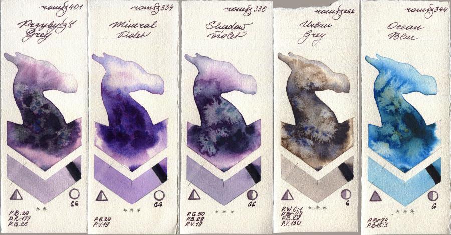 Roman Szmal Aquarius 401 Przybyszs Grey vs 334 Mineral Violet vs 336 Shadow Violet vs 262 Urban Grey vs 344 Ocean Blue watercolor swatch
