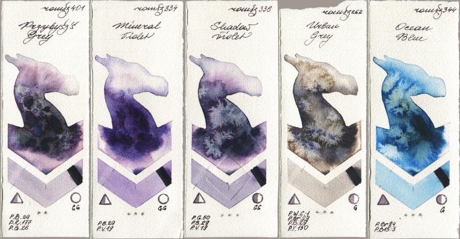 Roman Szmal Aquarius 401 Przybyszs Grey vs 334 Mineral Violet vs 336 Shadow Violet vs 262 Urban Grey vs 344 Ocean Blue watercolor swatch