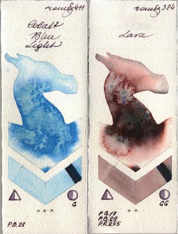 Roman Szmal Aquarius 411 Cobalt Blue Light vs 384 Lava watercolor swatch