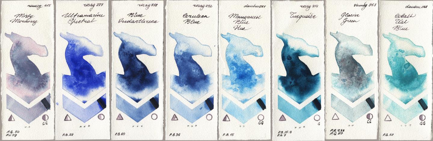 Roman Szmal Aquarius 415 Misty Morning, Rosa Gallery 777 Ultramarine Spectral, 738 Blue Indanthrene, 752 Cerulean Blue, Daniel Smith 051 Manganese Blue Hue, 714 Turquoise, Shminke Horadam Aquarell 963 Glacier Green, 028 Cobalt Teal Bl watercolor swatch