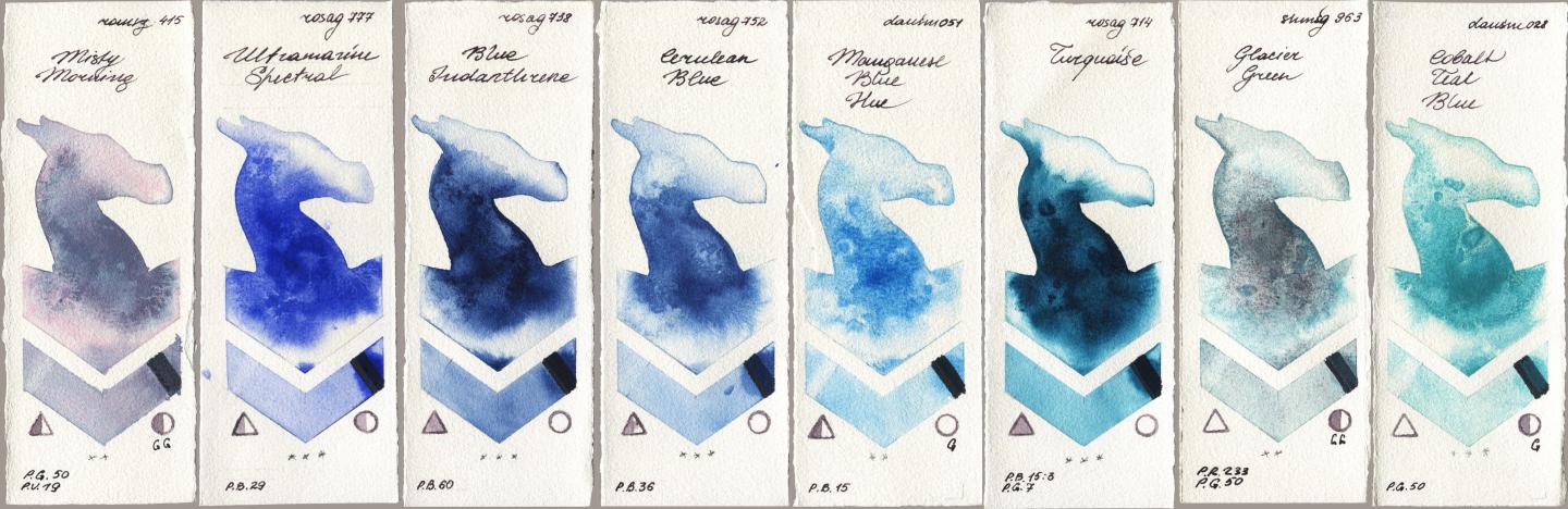 Roman Szmal Aquarius 415 Misty Morning vs Rosa Gallery 777 Ultramarine Spectral vs 738 Blue Indanthrone vs 752 Cerulean Blue vs Daniel Smith 051 Manganese Blue Hue vs 714 Turquiose vs Shminke Horadam Aquarell 963 Glacier Green vs 028 Cobalt Teal Blue watercolor swatch