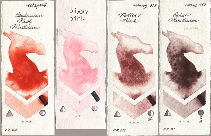 Rosa Gallery 707 Cadmium Red Medium vs my 031 piggy pink vs Roman Szmal Aquarius 359 Potters Pink vs 758 Caput Mortuum watercolor swatch