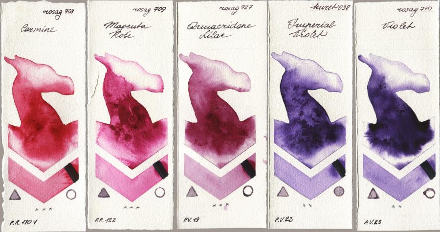 Rosa Gallery 708 Carmine vs 709 Magenta Rose vs 727 Quinacridone Lilac vs Kuretake Gansai Tambi 038 Imperial Violet vs 710 Violet watercolor swatch