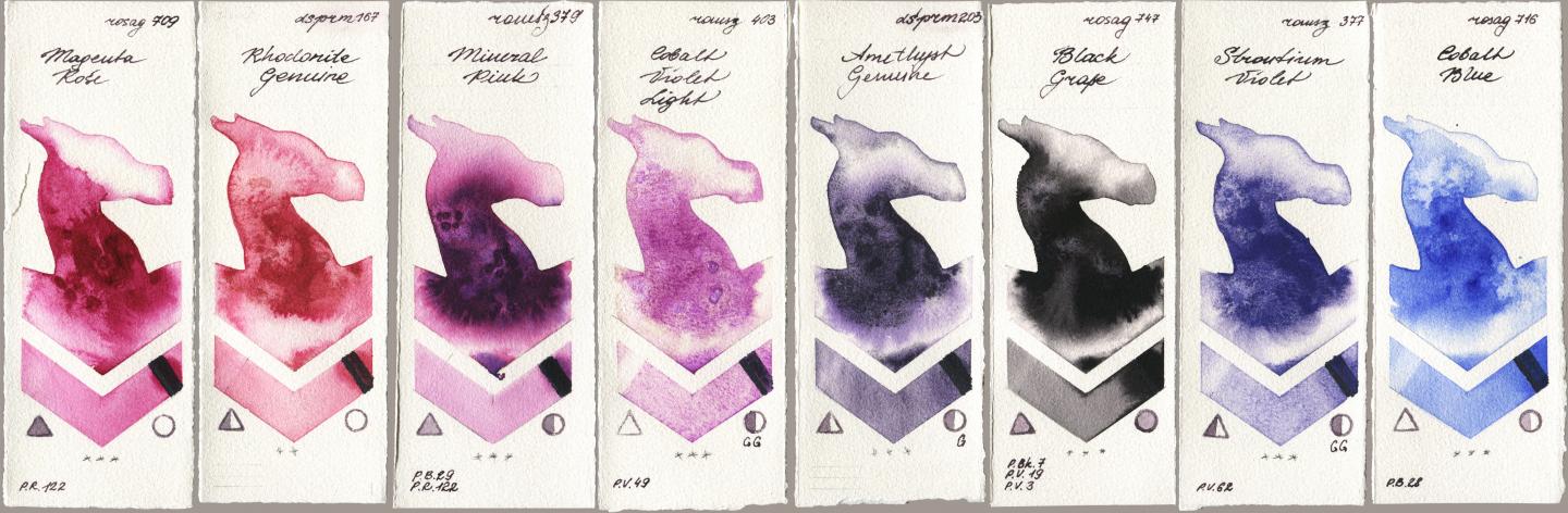 Rosa Gallery 709 Magenta Rose vs Daniel Smith 167 Rhodonite Genuine vs Roman Szmal Aquarius 379 Mineral Pink vs 403 Cobalt Violet Light vs 203 Amethyst Genuine vs 747 Black Grape vs 377 Strontium Violet vs 716 Cobalt Blue watercolor swatch