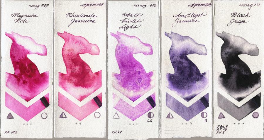 Rosa Gallery 709 Magenta Rose vs Daniel Smith 167 Rhodonite Genuine vs Roman Szmal Aquarius 403 Cobalt Violet Light vs 203 Amethyst Genuine vs 747 Black Grape watercolor swatch
