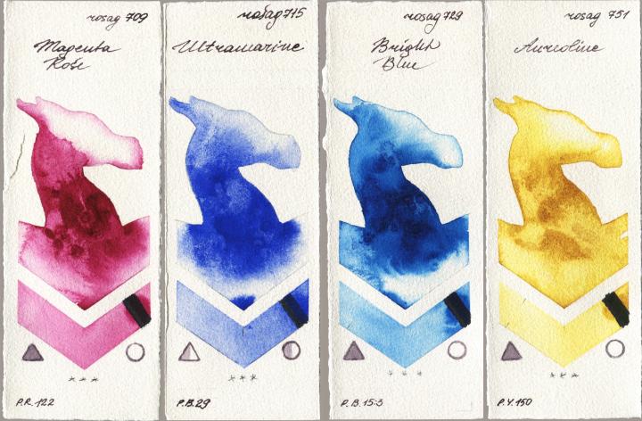 Rosa Gallery 709 Magenta Rose vs 715 Ultramarine vs 729 Bright Blue vs 751 Aureoline watercolor swatch
