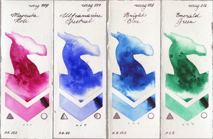 Rosa Gallery 709 Magenta Rose vs 777 Ultramarine Spectral vs 729 Bright Blue vs 712 Emerald Green watercolor swatch