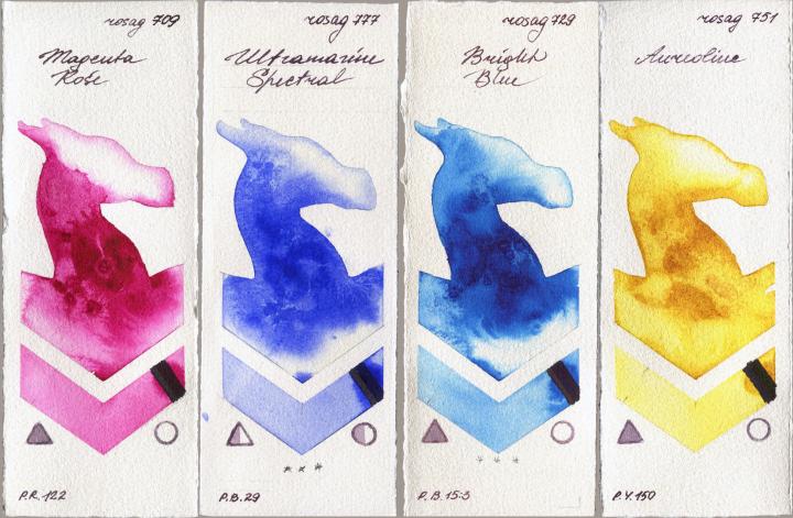 Rosa Gallery 709 Magenta Rose vs 777 Ultramarine Spectral vs 729 Bright Blue vs 751 Aureoline watercolor swatch