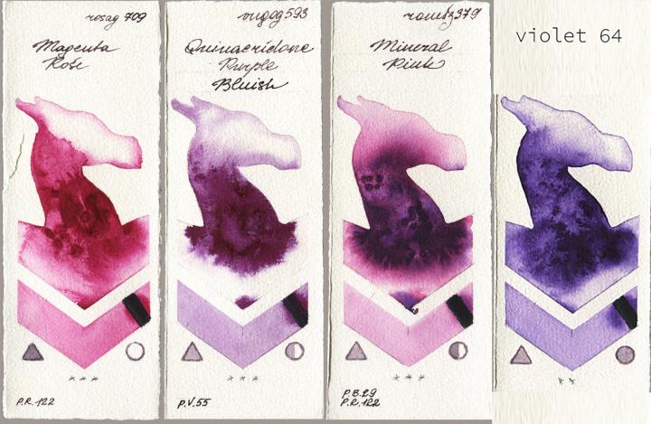 Rosa Gallery 709 Magenta Rose vs Royal Talens Van Gogh Watercolour 593 Quinacridone Purple Bluish vs Roman Szmal Aquarius 379 Mineral Pink vs my 064 violet64 watercolor swatch