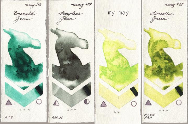 Rosa Gallery 712 Emerald Green vs Roman Szmal Aquarius 409 Perylene Green vs my 044 my may vs 755 Aureoline Green watercolor swatch