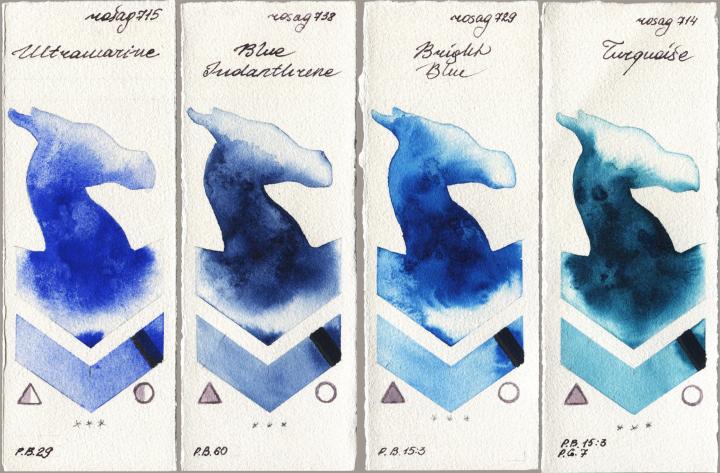 Rosa Gallery 715 Ultramarine vs 738 Blue Indanthrone vs 729 Bright Blue vs 714 Turquiose watercolor swatch