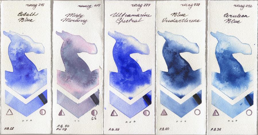 Rosa Gallery 716 Cobalt Blue vs Roman Szmal Aquarius 415 Misty Morning vs 777 Ultramarine Spectral vs 738 Blue Indanthrone vs 752 Cerulean Blue watercolor swatch