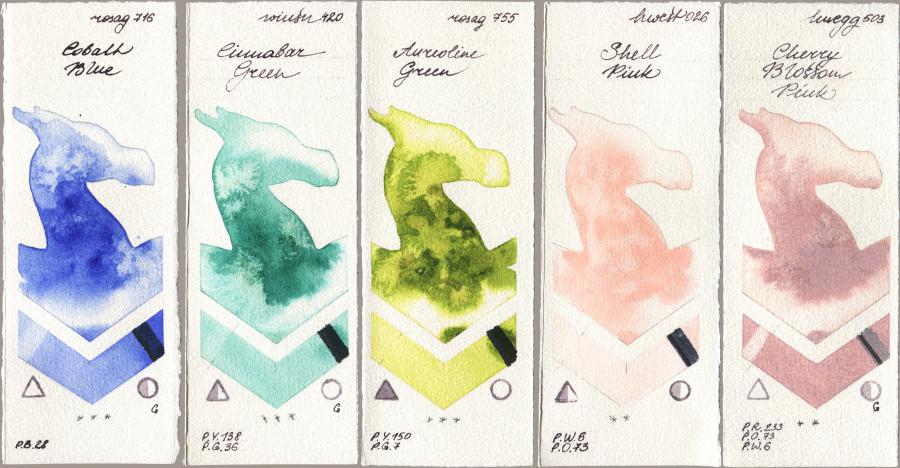 Rosa Gallery 716 Cobalt Blue, Winsor & Newton Professional 420 Cinnabar Green, 755 Aureoline Green, Holbein Artists Watercolor 026 Shell Pink, 503 Cherry Blossom Pi watercolor swatch