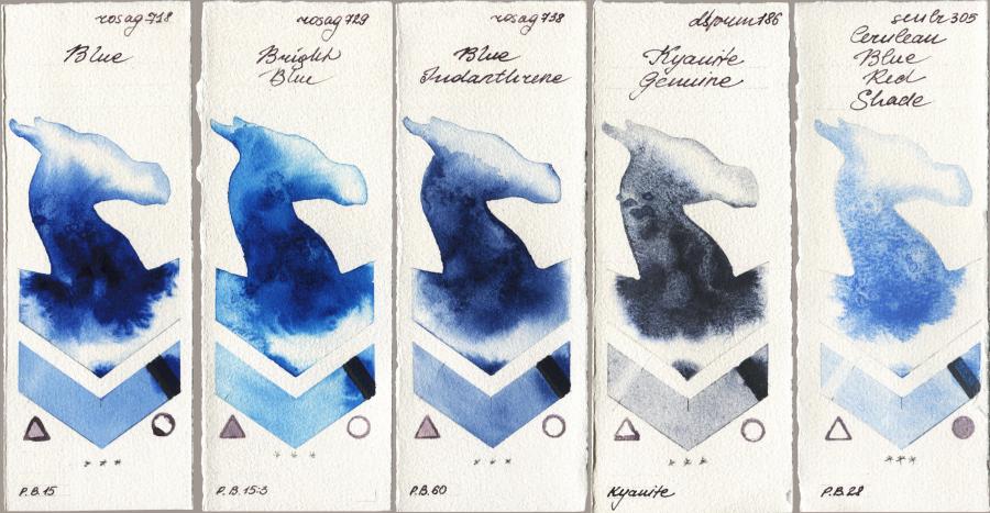 Rosa Gallery 718 Blue vs 729 Bright Blue vs 738 Blue Indanthrene vs Daniel Smith 186 Kyanite Genuine vs Sennelier l Aquarelle 305 Cerulean Blue Red Shade watercolor swatch