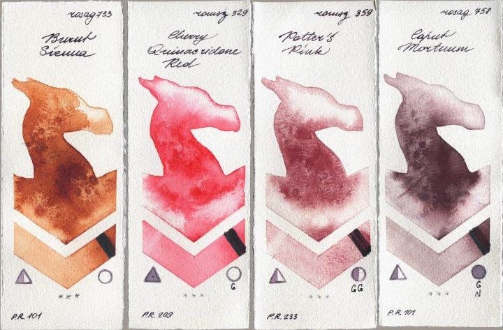 Rosa Gallery 733 Burnt Sienna vs Roman Szmal Aquarius 329 Cherry Quinacridone Red vs 359 Potters Pink vs 758 Caput Mortuum watercolor swatch