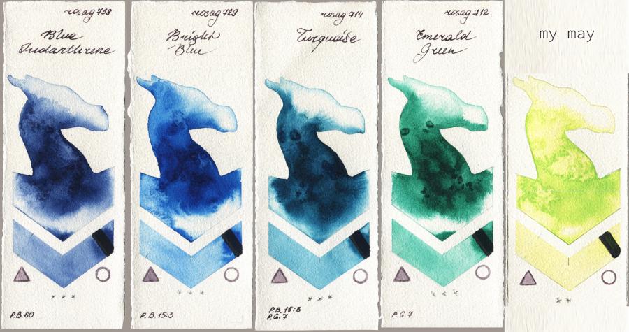 Rosa Gallery 738 Blue Indanthrone vs 729 Bright Blue vs 714 Turquiose vs 712 Emerald Green vs my 044 my may watercolor swatch