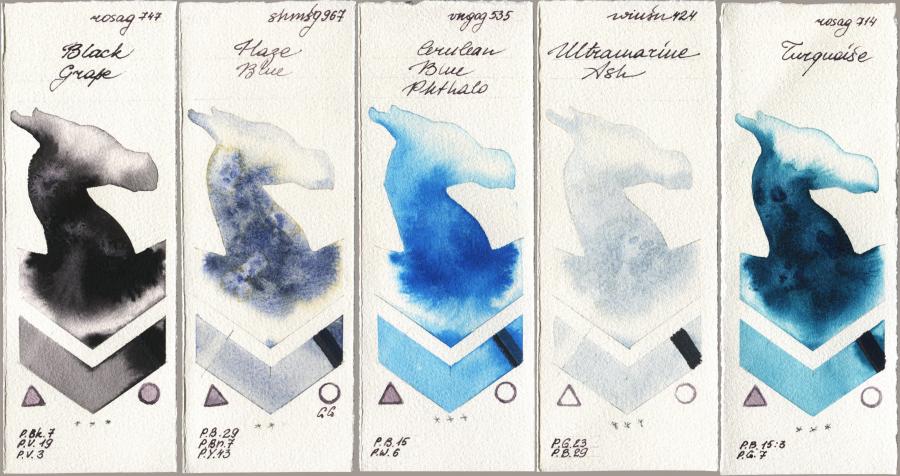 Rosa Gallery 747 Black Grape vs Shminke Horadam Aquarell 967 Haze Blue vs Royal Talens Van Gogh Watercolour 535 Cerulean Blue Phthalo vs Winsor & Newton Professional 424 Ultramarine Ash vs 714 Turquiose watercolor swatch