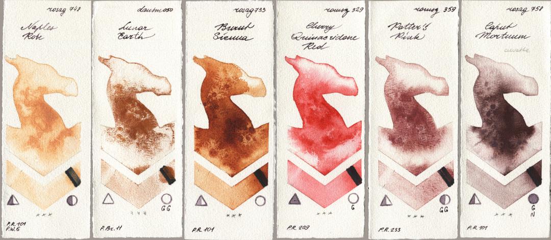 Rosa Gallery 748 Naples Rose vs Daniel Smith 050 Lunar Earth vs 733 Burnt Sienna vs Roman Szmal Aquarius 329 Cherry Quinacridone Red vs 359 Potters Pink vs 758 Caput Mortuum watercolor swatch