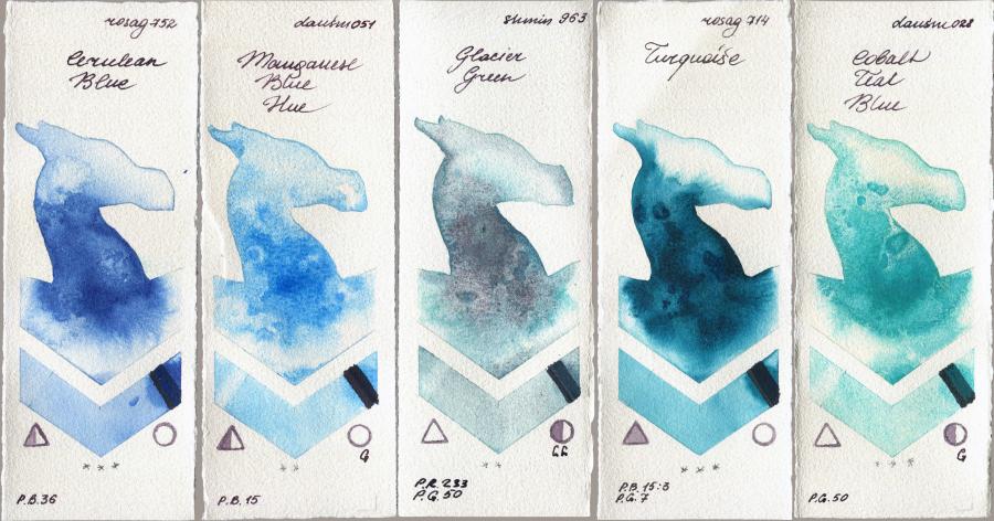 Rosa Gallery 752 Cerulean Blue vs Daniel Smith 051 Manganese Blue Hue vs Shminke Horadam Aquarell 963 Glacier Green vs 714 Turquiose vs 028 Cobalt Teal Blue watercolor swatch