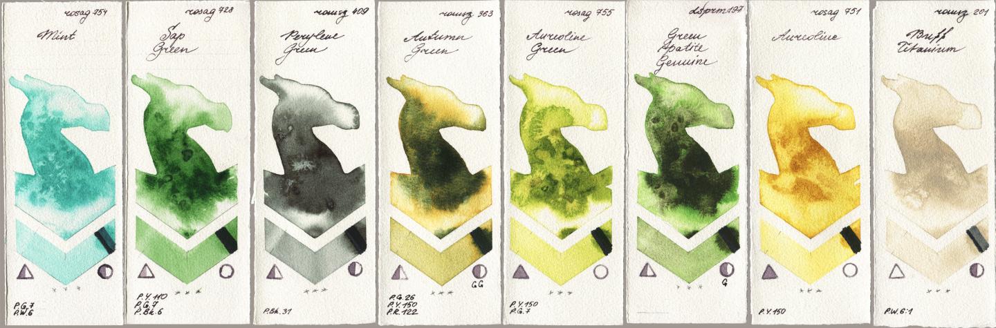 Rosa Gallery 754 Mint vs 728 Sap Green vs Roman Szmal Aquarius 409 Perylene Green vs 363 Autumn Green vs 755 Aureoline Green vs Daniel Smith 197 Green Apatite Genuine vs 751 Aureoline vs 201 Buff Titanium watercolor swatch