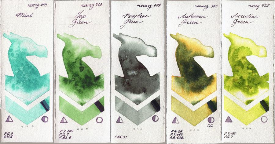 Rosa Gallery 754 Mint vs 728 Sap Green vs Roman Szmal Aquarius 409 Perylene Green vs 363 Autumn Green vs 755 Aureoline Green watercolor swatch