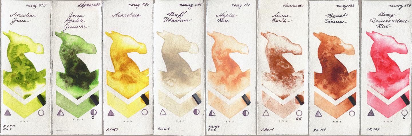 Rosa Gallery 755 Aureoline Green vs Daniel Smith 197 Green Apatite Genuine vs 751 Aureoline vs Roman Szmal Aquarius 201 Buff Titanium vs 748 Naples Rose vs 050 Lunar Earth vs 733 Burnt Sienna vs 329 Cherry Quinacridone Red watercolor swatch